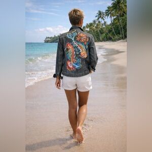 Chicos platinum Black denim handpainted KOI fish sz 1 (MD 8) jean jacket OOAK